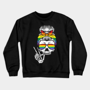 Gay Pride Messy Bun Skull  Flag Lgbt Women Girls Kids Crewneck Sweatshirt
